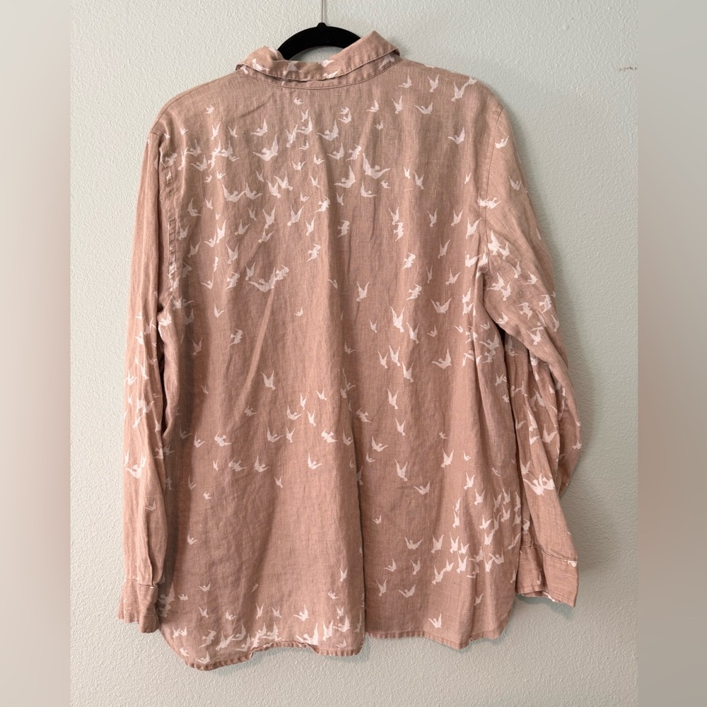 J. Jill Linen Button-Up Shirt in Mauve with White Bird Motif Size L - Picture 4 of 5
